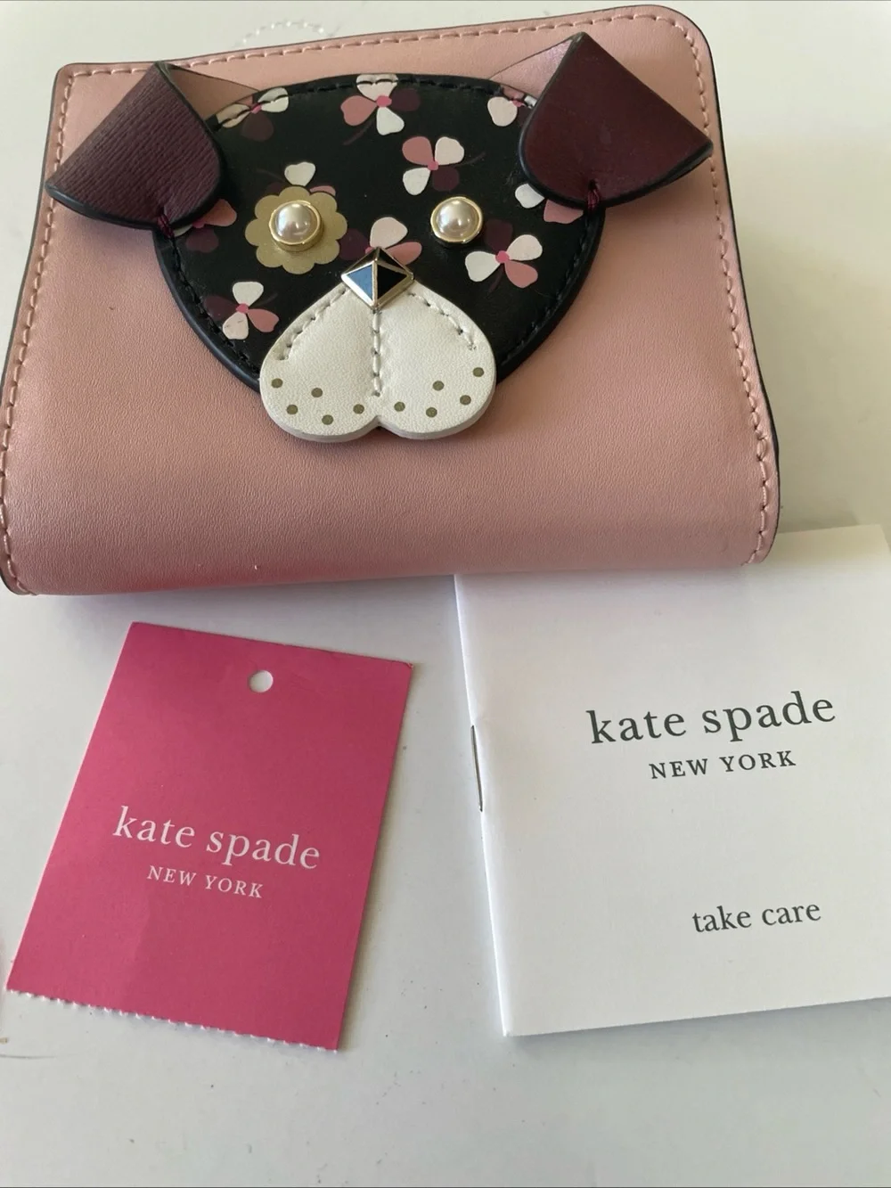 kate spade floral pup Blush Pink Zip Card Case / wallet with Printed Lining